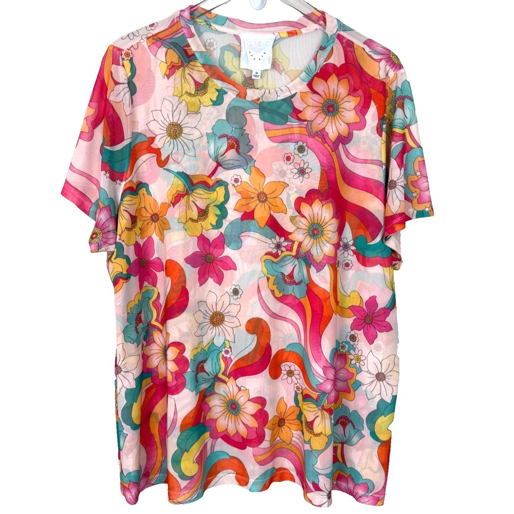 Johnny Was Jade Mesh Top Women 3X Floral Psychedelic Retro Semi Sheer Whimsy